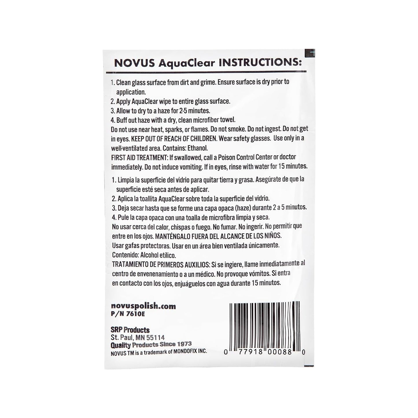 Novus Polish AquaClear - Glass Water Repellent Wipe