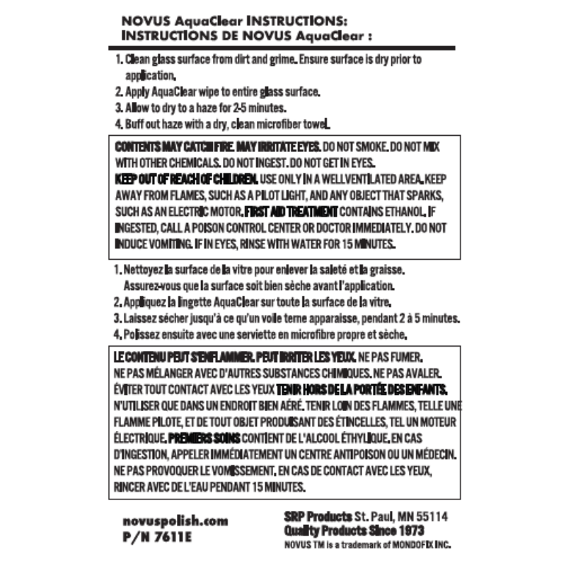 Novus Polish AquaClear - Glass Water Repellent Wipe (FR/EN)