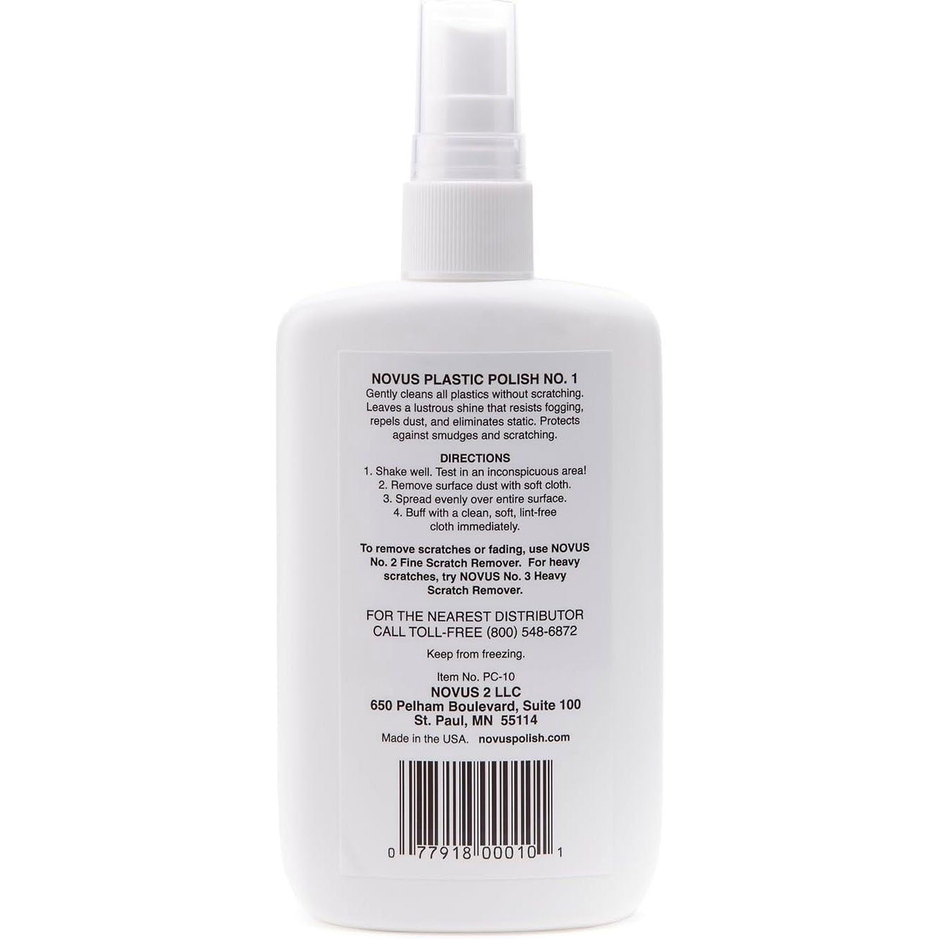 NOVUS No. 1 plastic clean and shine — 8 oz bottle, back label with directions